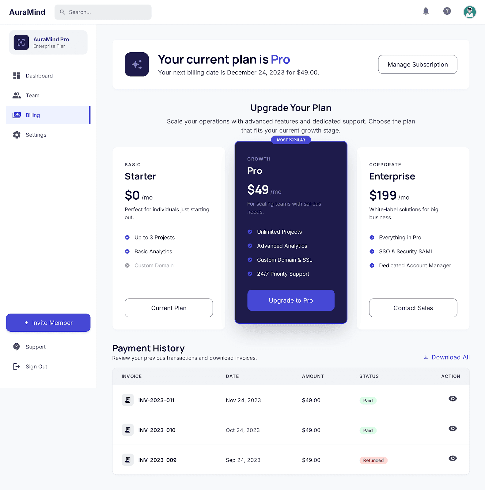 SaaS billing plans example