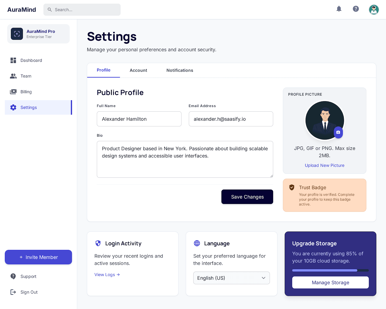 SaaS settings example