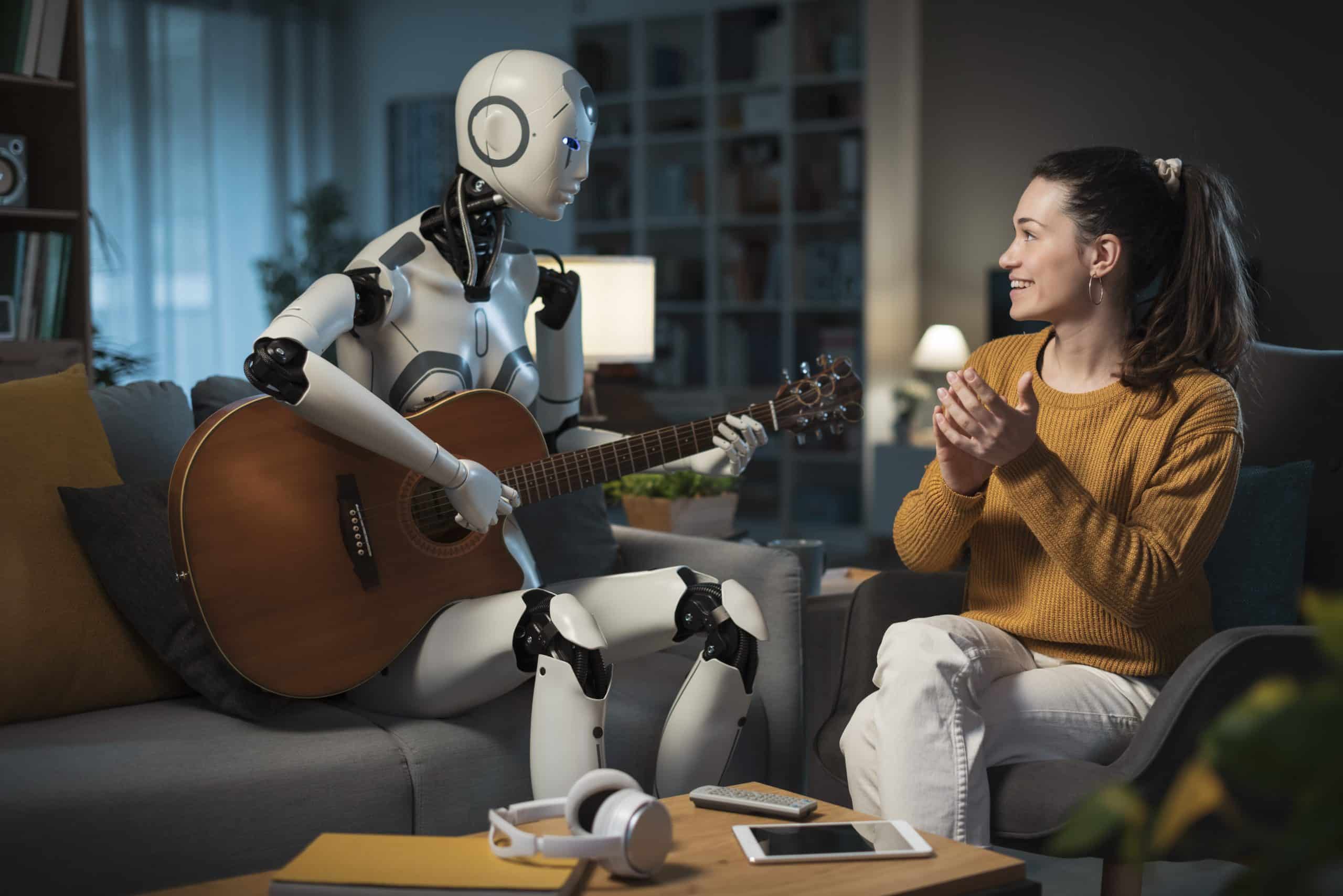 A domestic robot with AI plays the guitar to entertain its human owner.