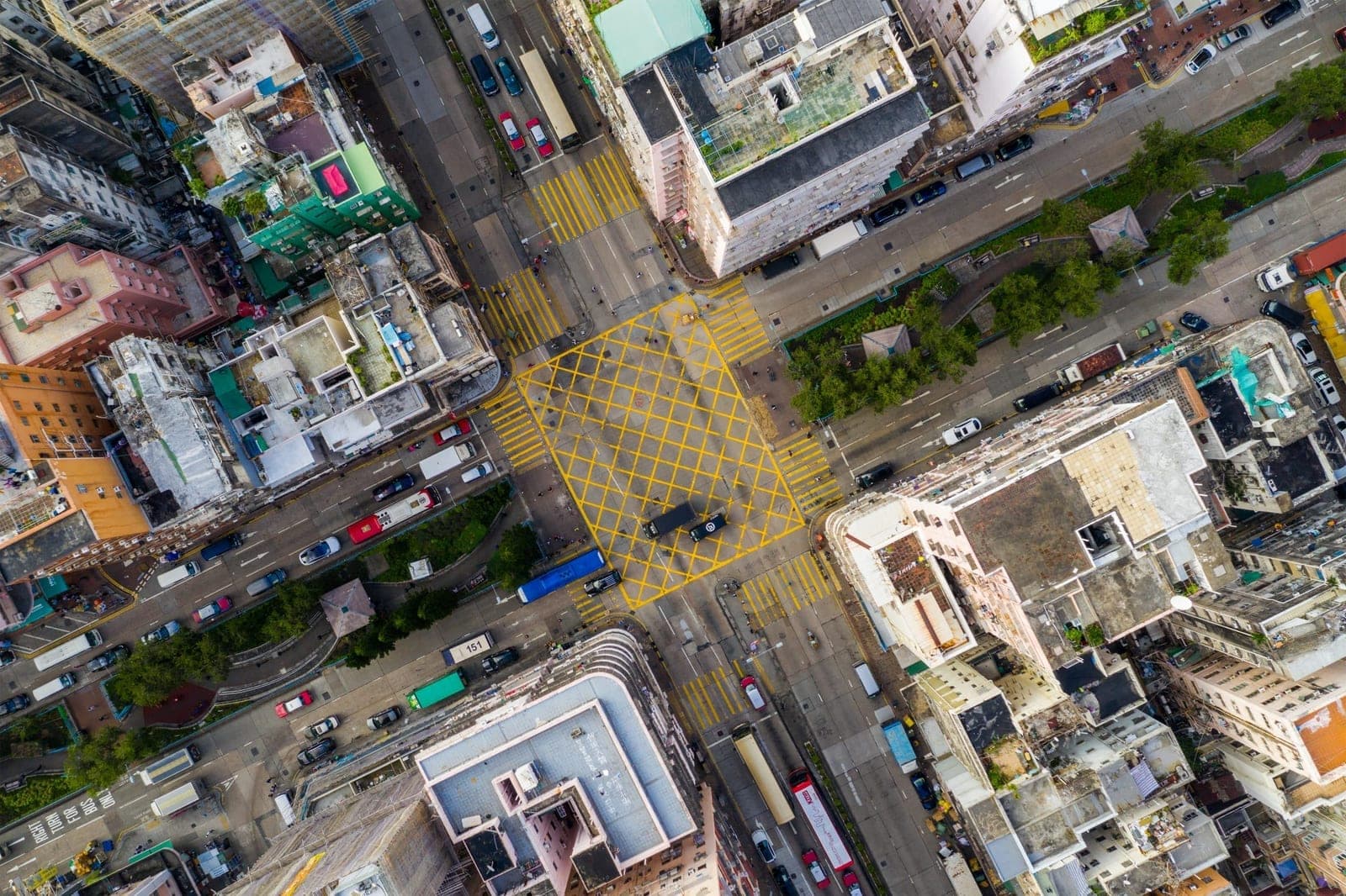 Top-down view of a busy modern workplace.