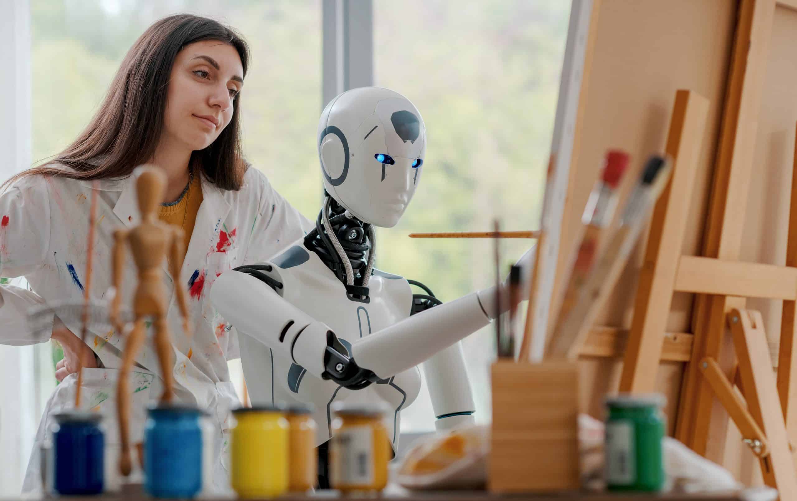 An AI robot learning to paint on canvas, a young teacher guiding it.
