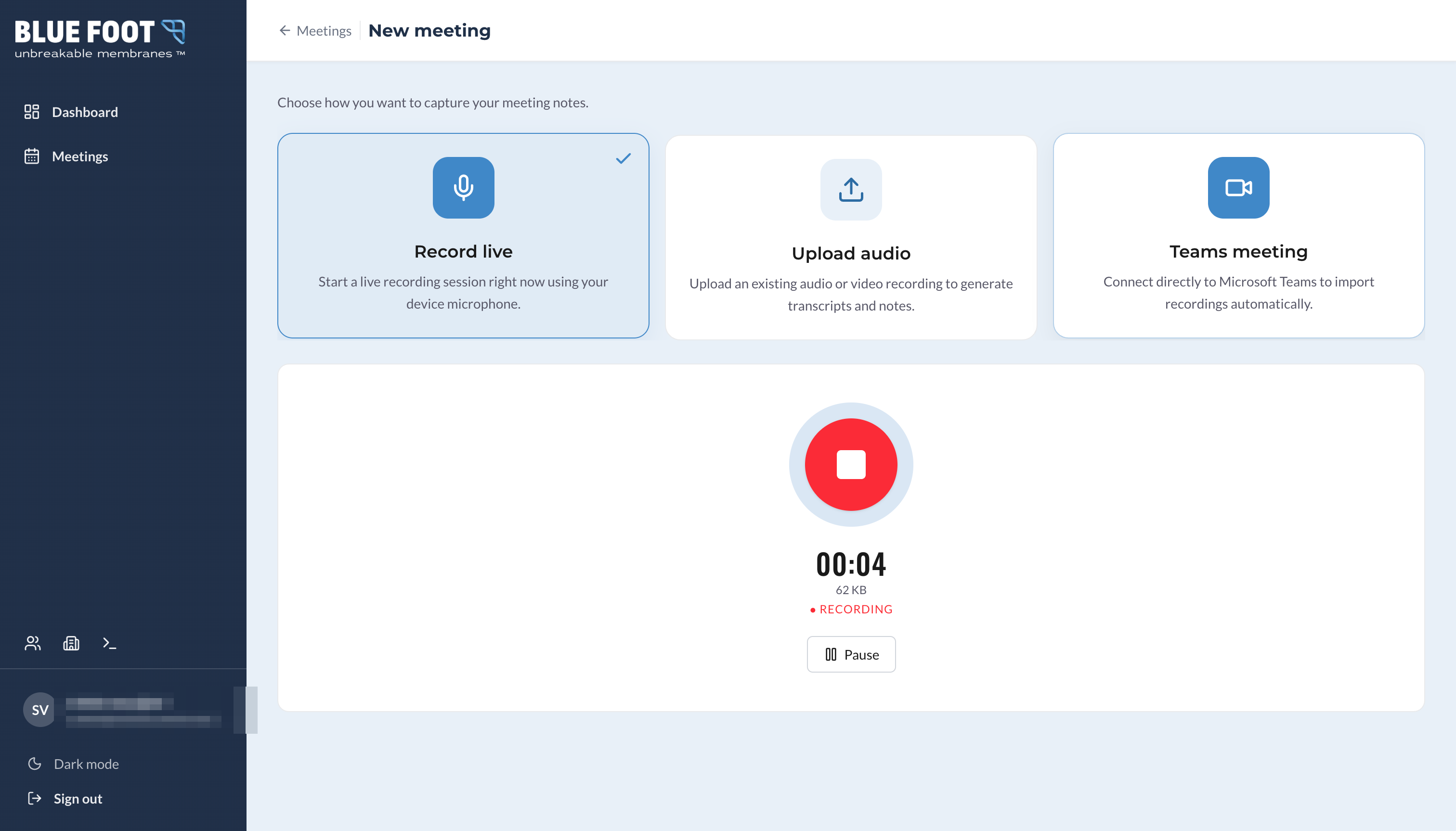 Blue Foot AI new-meeting screen with options to record live, upload audio, or connect Microsoft Teams.